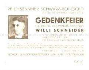Einladungskarte zu einer Gedenkfeier des Reichsbanners Schwarz-Rot-Gold für einen erschossenen Kameraden