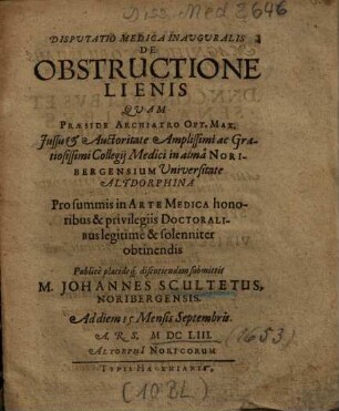 Disputatio Medica Inauguralis De Obstructione Lienis