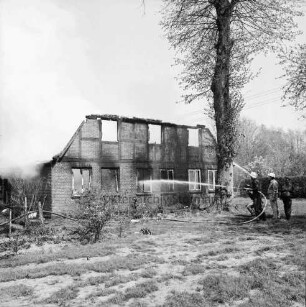 Rögen: Brand: Reetdachkate: Ruine mit eingestürztem Dachstuhl: Giebelwand: starke Rauchentwicklung: rechts davor Baum: daneben drei Feuerwehrmänner beim Löschen