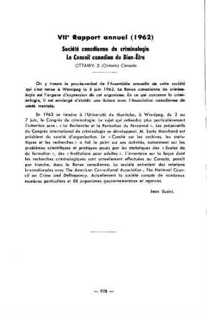 578, VIIe Rapport annuel (1962) de la Société canadienne de criminologie