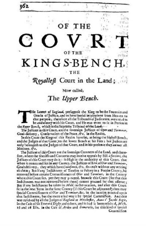 Of The Covrt Of The Kings-Bench, The Royallest Court in the Land; Now called, The Upper Bench