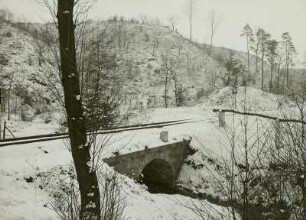 Radebeul. Lößnitzgrund mit Gleisen der Schmalspurbahn über die Brücke oberhalb vom Haltepunkt Friedewald