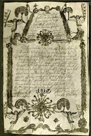 Taufbrief aus der Gegend um Böchingen. 1815. Verziert