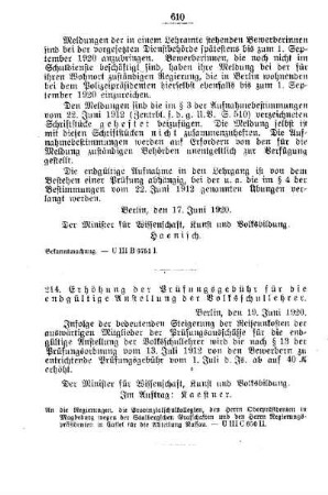 Erhöhung der Prüfungsgebühr für die endgültige Anstellung der Volksschullehrer : [D. Lehrer- und Lehrerinnenbildungsanstalten, Bildung der Lehrer und Lehrerinnen und deren persönliche Verhältnisse]