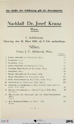 I. Auktionstag: Dienstag, den 12. März 1935, ab 3 Uhr nachmittags (Nr. 1-160)