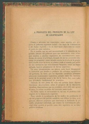 A propósito del proyecto de la ley de colonización