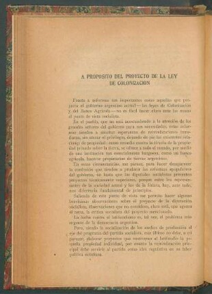 A propósito del proyecto de la ley de colonización