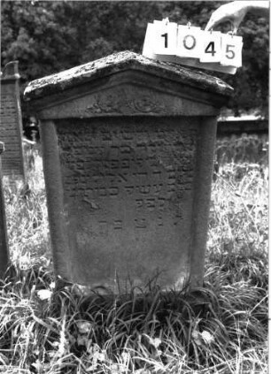 Grabstein 1045 (Index: 100098958) Maße HxBxT: 120x64x12 cm Besonderheit: kulturhistorisch wertvoll / hist.-wiss. Gründe (Gemeindestellung): Grabstein 1045