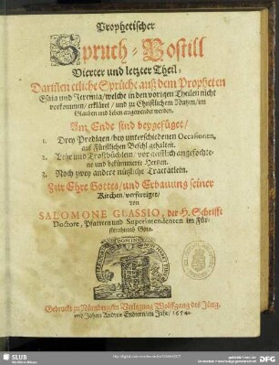 4: Darinnen etliche Sprüche, auß dem Propheten Esaia und Jeremia, welche in den vorigen Theilen nicht vorkommen ...