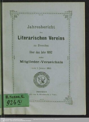 1892: Jahresbericht des Literarischen Vereins zu Dresden ... über die Jahre nebst Mitglieder-Verzeichnis