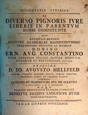 Dissertatio Ivridica De Diverso Pignoris Ivre Liberis In Parentvm Bonis Competente