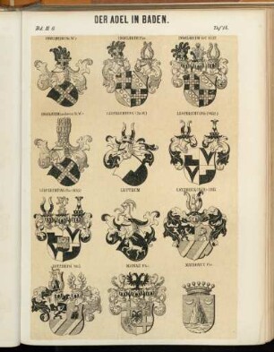 Taf. 14. Ingelheim (St.W.) - Ingelheim Fhr. - Ingelheim Grf. 1737. - Ingelheim (anderes St.W) - Leoprechting (St.W.) - Leoprechting (1652) - Leoprechting Fhr (1685) - Leutrum - Lotzbeck (1559)-1815 - Lotzbeck 1815. - Mainau Fhr. - Mayronet Fhr.