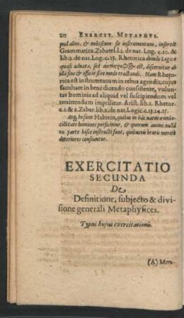 Exercitatio Secunda De Definitione, subiecto & divisione generali Metaphysices.