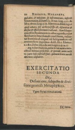 Exercitatio Secunda De Definitione, subiecto & divisione generali Metaphysices.