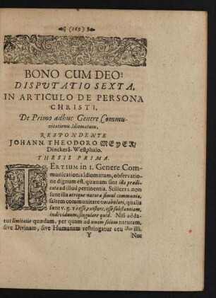 Bono Cum Deo! Disputatio Sexta, In Articulo De Persona Christi, De Primo adhuc Genere Communicationis Idiomatum,