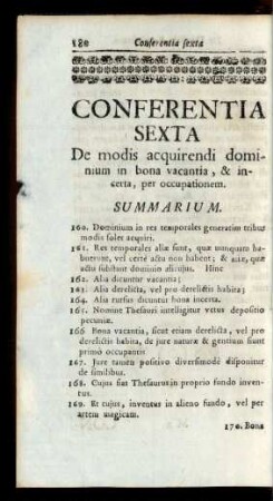 Conferentia Sexta De modis acquirendi dominium in bona vacantia, & incerta, per occupationem