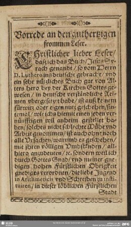 Vorrede an den guthertzigen frommen Leser
