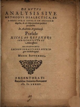 De Mvtvo Analysis Sive Methodvs Dialectica, Ex Libris Ivris Civilis In Ordinem digesta