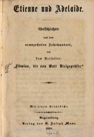 Etienne und Adelaide : Geschichte aus dem neunzehnten Jahrhundert ; mit einem Stahlstiche