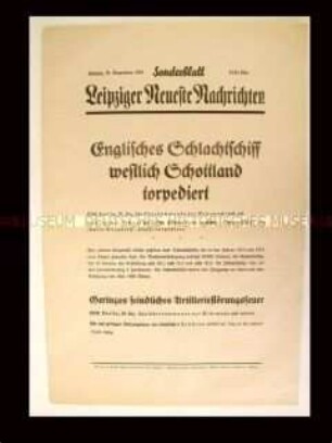 Sonderblatt der "Leipziger Neuesten Nachrichten" zur Torpedierung eines britischen Schlachtschiffes
