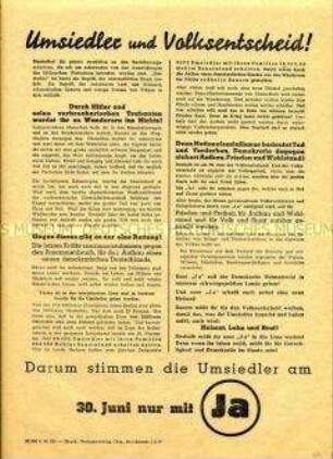 Aufruf an die Umsiedler sowjetischen Besatzungszone zur Abstimmung für die Enteignung der Betriebe von Nazi- und Kriegsverbrechern beim Volksentscheid am 30.06.1946