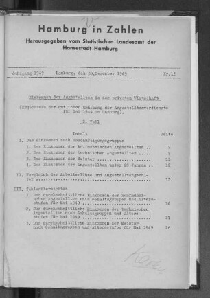 Einkommen der Angestellten in der privaten Wirtschaft : Ergebnisse der amtlichen Erhebung der Angestelltenverdienste für Mai 1949 in Hamburg