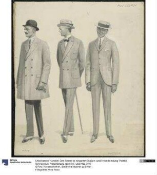 Drei Herren in eleganter Straßen- und Freizeitkleidung: Paletot, Sakkoanzug, Freizeitanzug