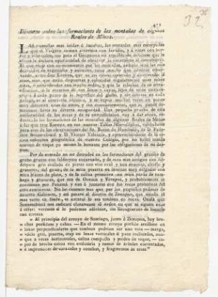 Discurso sobre las formaciones de las montañas de algunos Reales de Minas.
