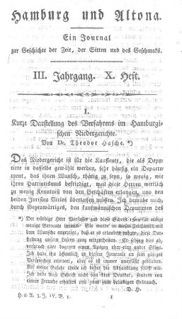 Kurze Darstellung des Verfahrens im Hamburgischen Niedergerichte. Von Dr. Theodor Hasche.