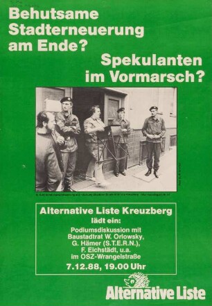 Plakat: "Behutsame Stadterneuerung am Ende? Spekulanten im Vormarsch?"