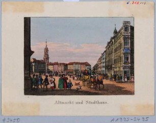 Der Altmarkt in Dresden aus der Schlossstraße nach Süden mit Blick in die Seestraße, links der Turm der Kreuzkirche, rechts die Löwenapotheke