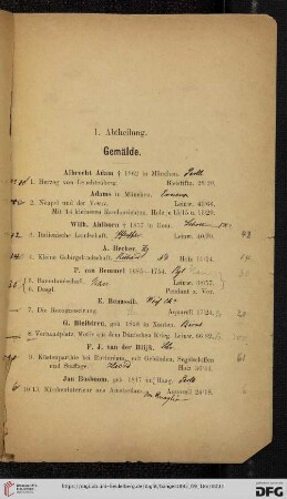 I. Abtheilung: Gemälde (Nr. 1 - 208)