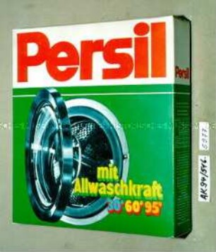 Papp-Paket für Waschpulver "Persil mit Allwaschkraft 30° 60° 95°" mit Inhalt (Abbildung der Trommel einer Waschmaschine mit geöffneter Klappe)