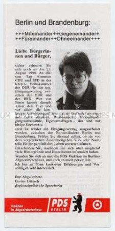 Informationsblatt der PDS-Fraktion des Berliner Abgeordnetenhauses zur geplanten Länderfusion Berlin - Brandenburg