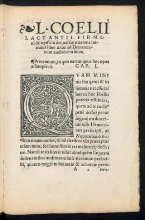 L. Coelii Lactantii Firmini de opificio dei, vel formatione hominis liber unus ad Demetrianum auditorem suum.