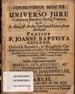 Controversiae Selectae Ex Universo Jvre Canonico, Publico, Civili, Feudali, 2