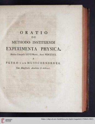 Oratio de methodo instituendi experimenta physica