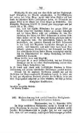 Wahrnehmung des confessionellen Religionsunterrichts durch besondere Lehrer : [V. Elementarschulwesen]