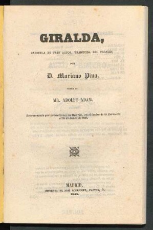 Giralda : zarzuela en tres actos