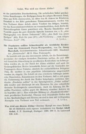 121 [Rezension] Marschall, Georg, Die Praelatura Nullius Schneidemühl als kirchliche Rechtsform der Grenzmark Posen-Westpreußen