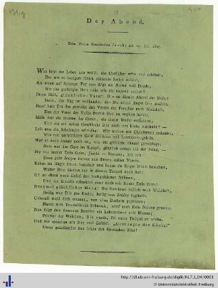 Nachlass J. G. Jacobi (NL 7/I D 4) : Der Abend: dem Herrn Präsidenten Jacobi am 27. 7. 1807