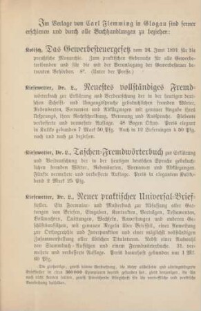 Im Verlage von Carl Flemming in Glogau sind ferner erschienen und durch alle Buchhandlungen zu beziehen: