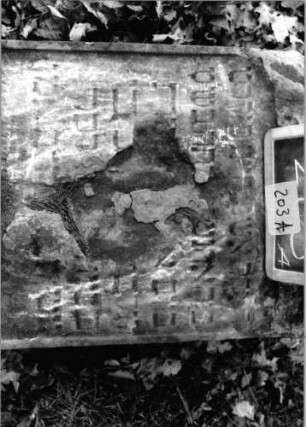 Grabstein 203 (Index: 100090534) Material: Sandstein Zustand: beschädigt mit Textverlust Maße HxBxT: 97x55x12 cm Beschreibung: rechteckige Stele: Grabstein 203A