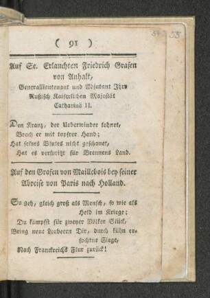 Auf Se. Erlauchten Friedrich Grafen von Anhalt, Generallieutenant ...