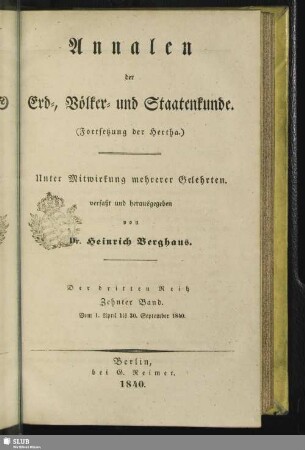 3.Ser.10.1840+Index: Annalen der Erd-, Völker- und Staatenkunde