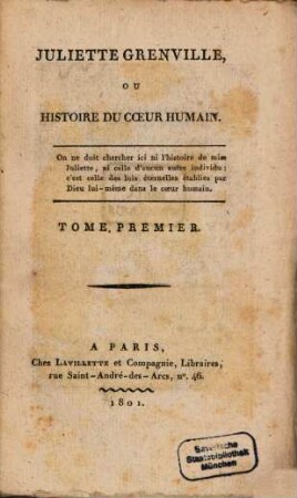 Juliette de Grenville, ou histoire du coeur humain, 1