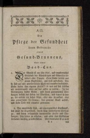 AΩ. Die Pflege der Gesundheit beym Gebrauche eines Gesund-Brunnens, oder einer Baad-Cur.