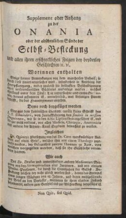Supplement oder Anhang zu den Onania oder der abscheulichen Sünde der Selbst-Befleckung ...