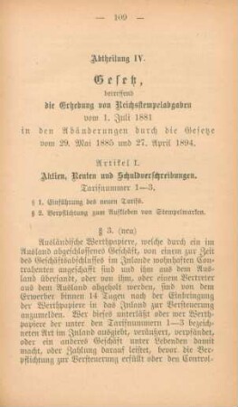 Abtheilung IV. Gesetz, betreffend die Erhebung von Reichsstempelabgaben