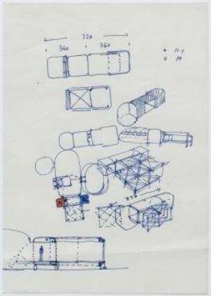"Misawa Homes Prefabricated Housing International Design Competition 70", Mobilhaus (nicht realisiert), 4. Preis – Grundrisse, Schnitte, Detailansicht der Entwicklungsphasen. Misawa/Japan